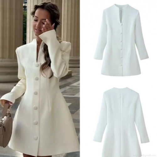 Women's Elegant Slim Fit Single Breasted Blazer Dress Long Sleeve V Neck White Mini Dress For Office Commute Party Lady Sexy Short Gown