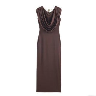 Sexy Ruched Maxi Dress With Gold Rose Metal Chain Elegant Backless Sleeveless V-Neck Polyester Spandex Blend Long Evening Party Banquet Slip Dress For Women Chic Summer Wear