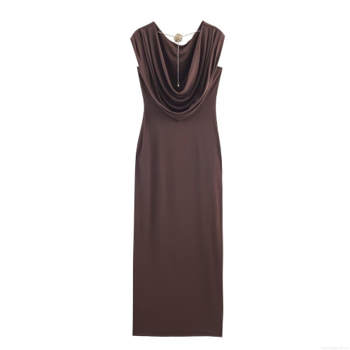 Sexy Ruched Maxi Dress With Gold Rose Metal Chain Elegant Backless Sleeveless V-Neck Polyester Spandex Blend Long Evening Party Banquet Slip Dress For Women Chic Summer Wear