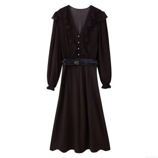 Women's Elegant V-Neck Ruffle Midi Dress Polyester Chiffon Long Sleeve Belted Solid Color Patchwork Dress For Party Dating Casual Wear