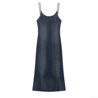 Women Sexy Washed Denim Midi Dress Sleeveless U-Neck Slim Fit Bodycon Blue Jean Long Dress For Casual Summer Vacation Lady