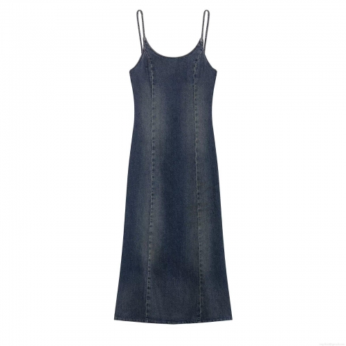 Women Sexy Washed Denim Midi Dress Sleeveless U-Neck Slim Fit Bodycon Blue Jean Long Dress For Casual Summer Vacation Lady