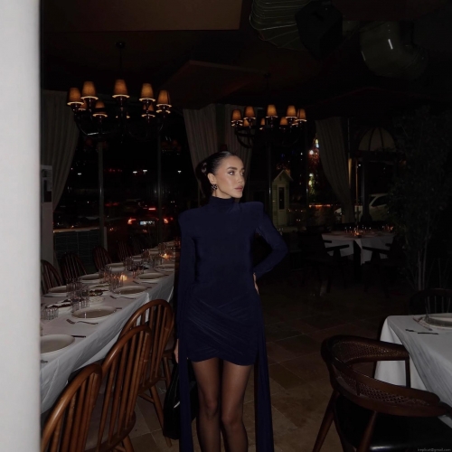 Women's Navy Blue Bodycon Mini Dress Long Sleeve Mock Neck Ruched Side With Long Drape Party Night Evening Dress Elegant Slim Fit Cocktail Gown