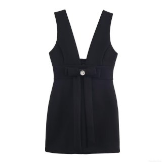 Women Elegant Black Sleeveless Deep V-Neck Mini Dress With Rhinestone Bow Detail High Waist Sexy Vacation Party Beach Clubwear Polyester Mini Dress