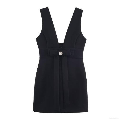 Women Elegant Black Sleeveless Deep V-Neck Mini Dress With Rhinestone Bow Detail High Waist Sexy Vacation Party Beach Clubwear Polyester Mini Dress