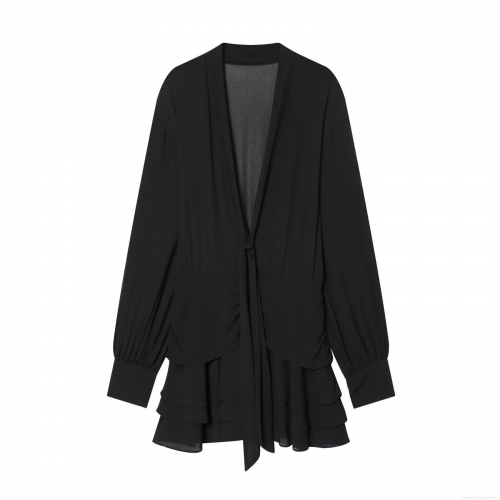 Elegant Black Chiffon Mini Dress V-Neck Layered Ruffle Long Sleeve Party Dress For Women Solid Color Draped Casual Fashion Cocktail Dresses