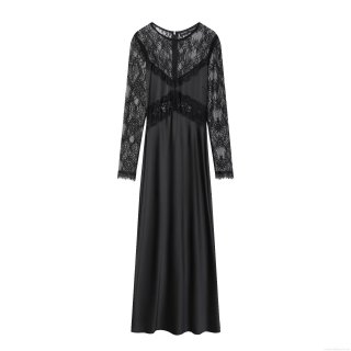 Women's Elegant Black Lace Patchwork Maxi Dress Long Sleeve Acetate Satin Evening Gown For Party Wedding Ceremony Socialite Style Dress