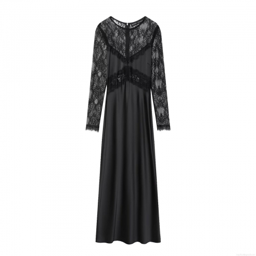 Women's Elegant Black Lace Patchwork Maxi Dress Long Sleeve Acetate Satin Evening Gown For Party Wedding Ceremony Socialite Style Dress