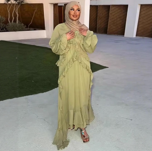 Women Elegant V Neck Long Sleeve Tiered Ruffle Maxi Dress Solid Color Chiffon Flowy Party Dress Evening Gown Modest Chic Clothing