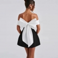 Elegant Satin Off-Shoulder Bowknot Mini Dress For Women Sexy Backless Contrast Color Big Bow Party Evening Banquet Wedding Cocktail Sleeveless Bodycon Short Dress