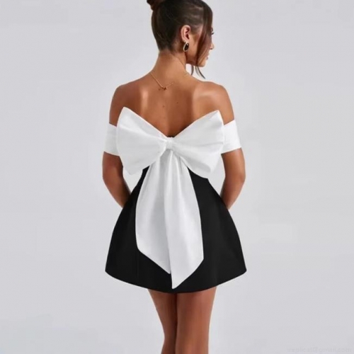 Elegant Satin Off-Shoulder Bowknot Mini Dress For Women Sexy Backless Contrast Color Big Bow Party Evening Banquet Wedding Cocktail Sleeveless Bodycon Short Dress