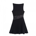 Women's Elegant Sleeveless Lace Patchwork Mini Dress Round Neck A-Line Solid Black Polyester Cocktail Party Dress