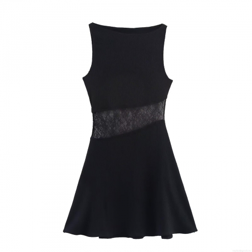 Women's Elegant Sleeveless Lace Patchwork Mini Dress Round Neck A-Line Solid Black Polyester Cocktail Party Dress