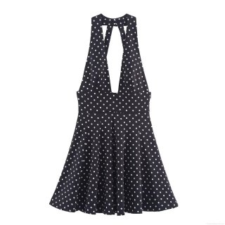 Women's Retro Polka Dot Halter Mini Dress Elegant Deep V Neck Backless Sleeveless Summer Party Dress Polyester A-Line Dress For Dating Lady
