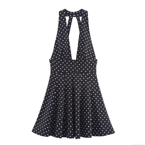 Women's Retro Polka Dot Halter Mini Dress Elegant Deep V Neck Backless Sleeveless Summer Party Dress Polyester A-Line Dress For Dating Lady