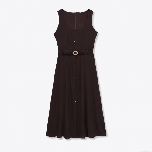 Women's Elegant Square Neck Sleeveless Midi Dress Acetate Satin Vacation Style A-Line Dress With Rhinestone Buckle Belt For Summer Party Fashion Lady