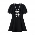 Women's Elegant Contrast Color Bow Tie Mini Dress Summer V-Neck Puff Short Sleeve A-Line Woven Dress for Casual Party Date