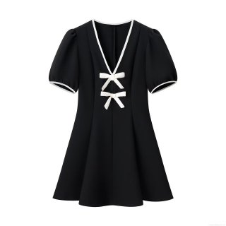 Women's Elegant Contrast Color Bow Tie Mini Dress Summer V-Neck Puff Short Sleeve A-Line Woven Dress for Casual Party Date