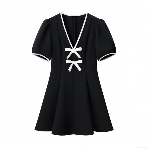 Women's Elegant Contrast Color Bow Tie Mini Dress Summer V-Neck Puff Short Sleeve A-Line Woven Dress for Casual Party Date
