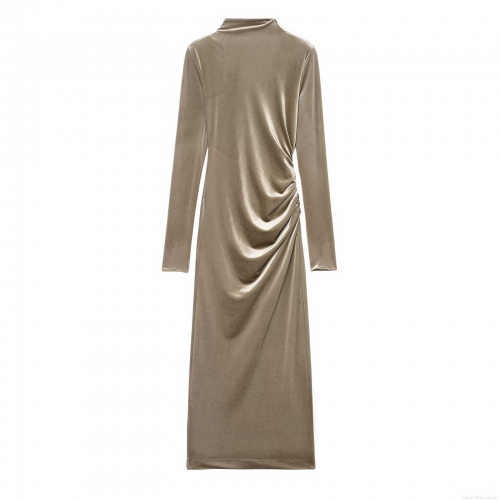 Women's Velvet Long Sleeve Ruched Maxi Dress Elegant Solid Color Padded Shoulder Bodycon Evening Party Long Dress