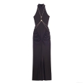 Women's Sexy Halter Neck Maxi Dress With Gold Metal Chain Decoration Sleeveless Bodycon Ruched Party Evening Long Dress