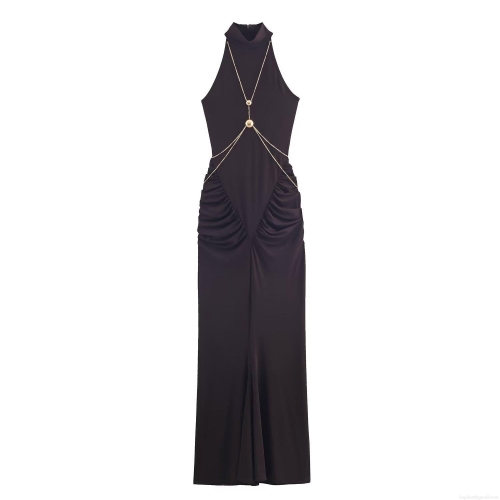 Women's Sexy Halter Neck Maxi Dress With Gold Metal Chain Decoration Sleeveless Bodycon Ruched Party Evening Long Dress