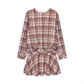 Women's Retro Plaid Mini Dress Elegant Round Neck Long Sleeve Waist Pleat Crossover A-Line Ruffle Hem Polyester Linen Blend Short Dress For Daily Date Party