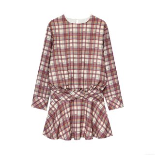 Women's Retro Plaid Mini Dress Elegant Round Neck Long Sleeve Waist Pleat Crossover A-Line Ruffle Hem Polyester Linen Blend Short Dress For Daily Date Party