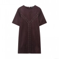 Women's Elegant Faux Suede Mini Dress With Silver Rivets Short Sleeve Round Neck Back Zipper Fashion Vacation Style Dress For Lady