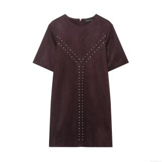 Women's Elegant Faux Suede Mini Dress With Silver Rivets Short Sleeve Round Neck Back Zipper Fashion Vacation Style Dress For Lady