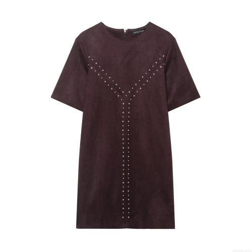 Women's Elegant Faux Suede Mini Dress With Silver Rivets Short Sleeve Round Neck Back Zipper Fashion Vacation Style Dress For Lady