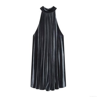 Sexy Women Velvet Acetate Satin Halter Mini Dress Pleated Backless Balloon Hem Evening Party Cocktail Celebrity Elegant Dress
