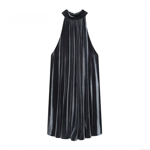 Sexy Women Velvet Acetate Satin Halter Mini Dress Pleated Backless Balloon Hem Evening Party Cocktail Celebrity Elegant Dress