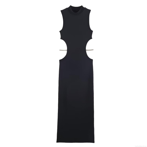 Women Sexy Cut-out Sleeveless Maxi Dress With Rhinestone Chain Decoration Elegant Acetate Satin Bodycon Evening Party Long Dress For Women