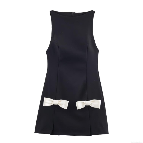 Women's Contrast Bow Mini Dress Sexy Sleeveless Bodycon Short Dress Elegant Acetate Satin Hepburn Style Party Dress for Women
