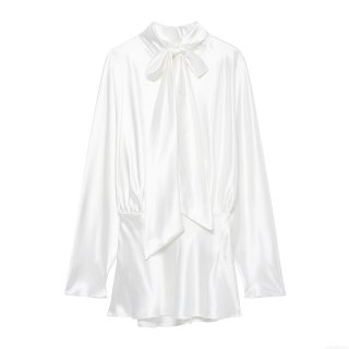 Women's Elegant White Satin Bow Tie Midi Dress Long Sleeve Stand Collar Ruched Waist Shirt Dress For Formal Party Social Event Celebrity Style Chic Lady Wear