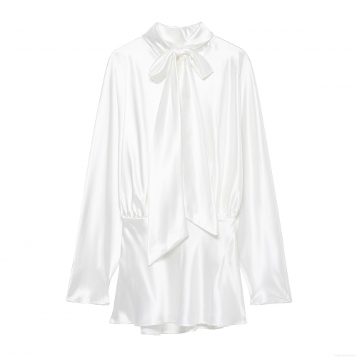 Women's Elegant White Satin Bow Tie Midi Dress Long Sleeve Stand Collar Ruched Waist Shirt Dress For Formal Party Social Event Celebrity Style Chic Lady Wear