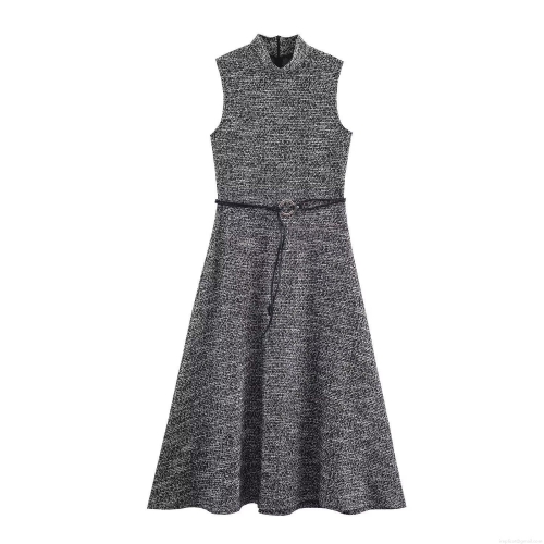 Women's Elegant Tweed Texture Sleeveless Mock Neck Maxi Dress With Belt Slim Fit A-Line Long Dress For Office Social Casual Party Fall Winter Wear