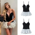 Women Fashion Patchwork Polka Dot Mini Dress Deep V Neck Spaghetti Strap Sleeveless Slim Fit Bubble Skirt Elegant Party Cocktail Dress