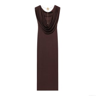 Women's Sexy Backless Cowl Neck Maxi Dress With Gold Rose Chain Detail Elegant Sleeveless Bodycon Stretch Polyester Floor Length Dress For Evening Party Club Night Outfits