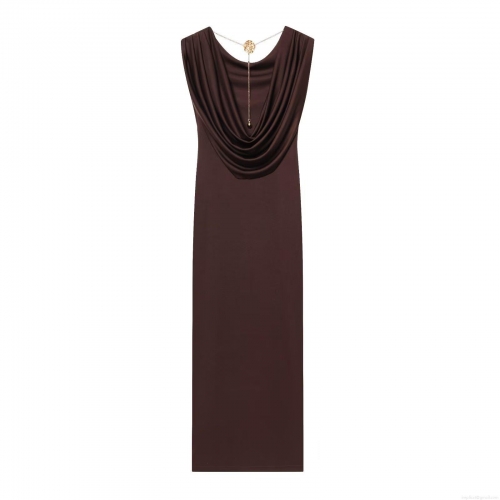 Women's Sexy Backless Cowl Neck Maxi Dress With Gold Rose Chain Detail Elegant Sleeveless Bodycon Stretch Polyester Floor Length Dress For Evening Party Club Night Outfits