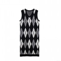 Women Argyle Knitted Midi Dress V Neck Sleeveless Polyester Blend Casual Preppy Style Straight Vest Dress For Autumn Winter
