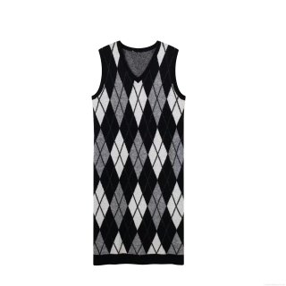 Women Argyle Knitted Midi Dress V Neck Sleeveless Polyester Blend Casual Preppy Style Straight Vest Dress For Autumn Winter