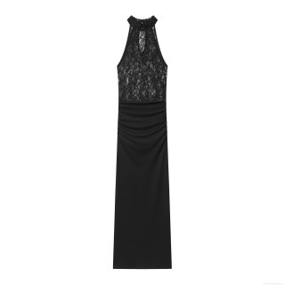 Women Elegant Lace Splicing Halter Maxi Dress Sexy Sleeveless Pleated Long Party Gown For Lady Evening Clubwear High Waist Evening Formal Dress
