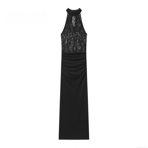 Women Elegant Lace Splicing Halter Maxi Dress Sexy Sleeveless Pleated Long Party Gown For Lady Evening Clubwear High Waist Evening Formal Dress