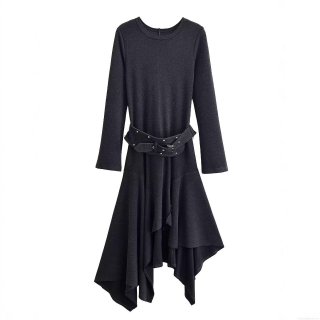Women's Elegant Asymmetrical Hem Long Sleeve Midi Dress With Belt Round Neck Solid Color Polyester Bodycon Dress For Party Banquet Office Lady Autumn Winter