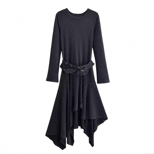 Women's Elegant Asymmetrical Hem Long Sleeve Midi Dress With Belt Round Neck Solid Color Polyester Bodycon Dress For Party Banquet Office Lady Autumn Winter