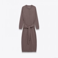 Women's Elegant Knitted Midi Dress Round Neck Long Sleeve Single-Breasted Sweater Dress with Belt Solid Color Slim Fit Cardigan Dress for Office Party Ladies