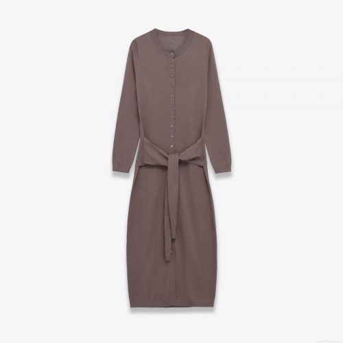 Women's Elegant Knitted Midi Dress Round Neck Long Sleeve Single-Breasted Sweater Dress with Belt Solid Color Slim Fit Cardigan Dress for Office Party Ladies