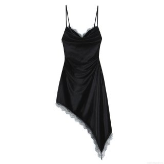 Women's Sexy Black Velvet Cami Dress Asymmetric Lace Trim V Neck Mini Dress Elegant Socialite Party Club Night Out Evening Bodycon Dress